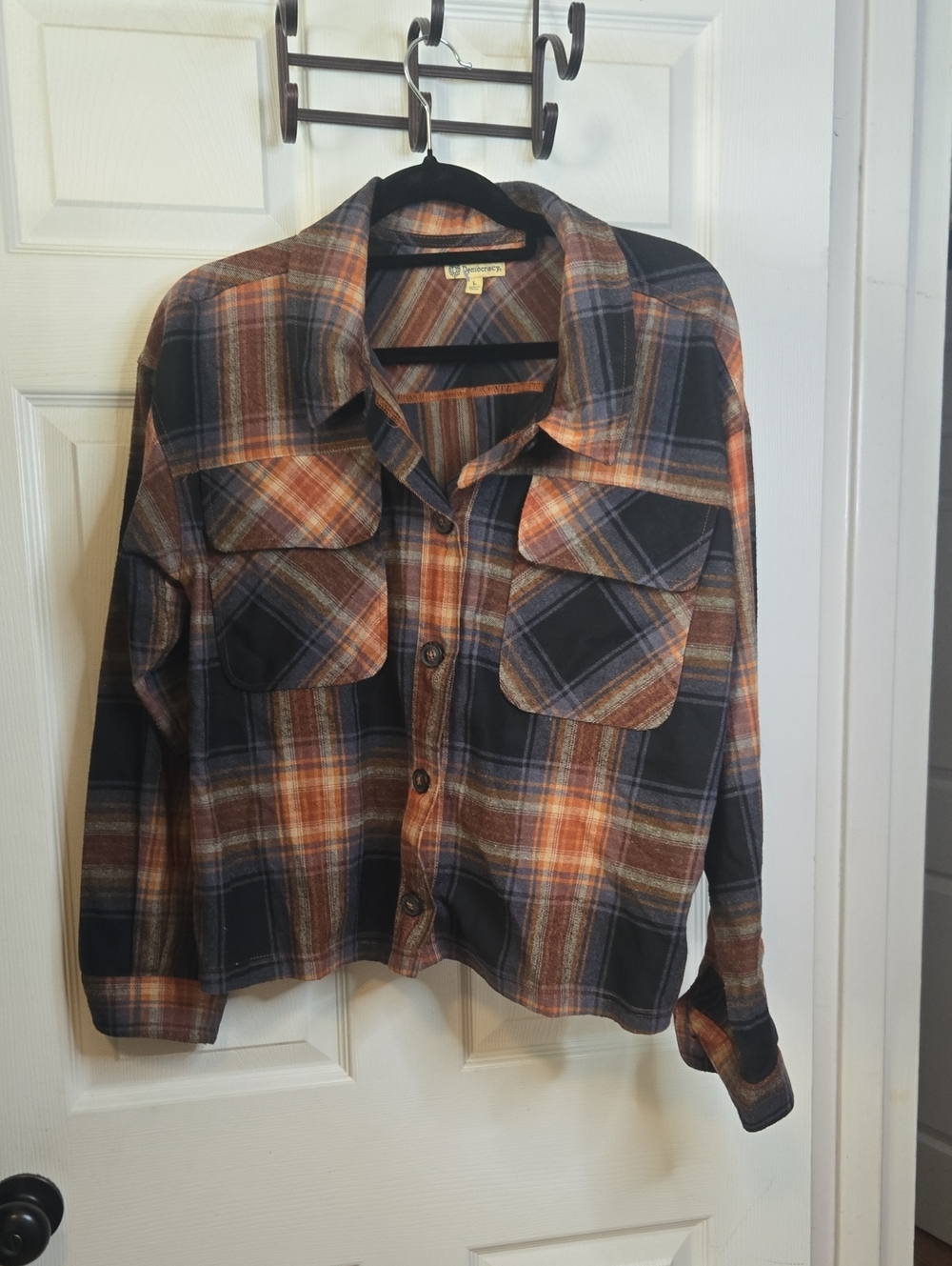 Democracy Plaid Button Down Top in Orange and Black
